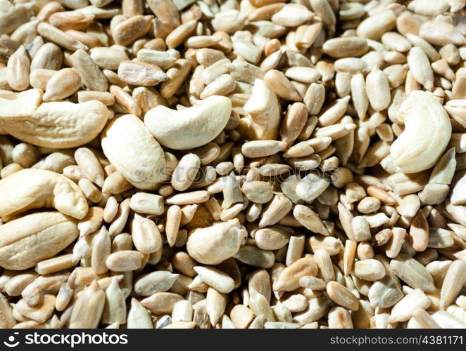 nuts and seeds background, view from above