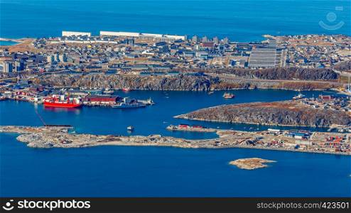 Nuuk city downtown and port panorama view from the top of Store Malene, Greenland