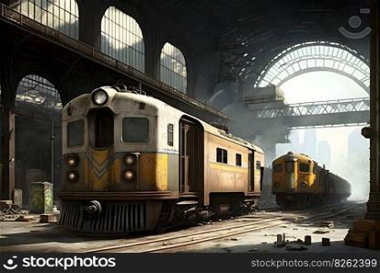NYC old outdated subway cars in a metro depot in daytime. Neural network AI generated art. NYC old outdated subway cars in a metro depot in daytime. Neural network generated art