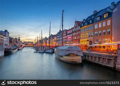 Nyhavn landmark buildings in Copenhagen city, Denmark.