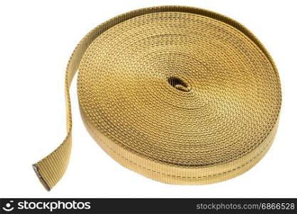 nylon tubular webbing for climbing, mountaineering, industrial work, and rescue, a roll isolated on white