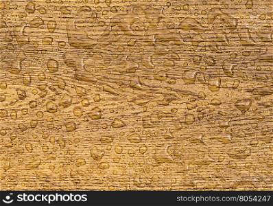 Oak background with raindrops - Oak plank close up image with sharp details over the water drops held by the waterproofed wood.