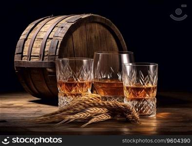 Oak barrel and glasses with whiskey brandy alcohol drink on black background.AI Generative