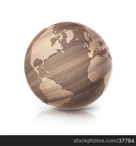 oak wood globe 3D illustration north and south america map on white background