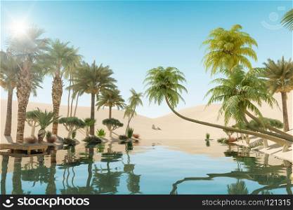 Oasis and Palm Trees in Desert, 3D Rendering
