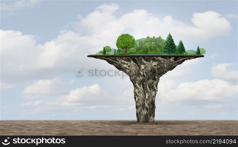 Oasis metaphor and unaccesible business concept as a green paradise on an inaccessible high cliff in the middle of a dry arid desert with 3D illustration elements.