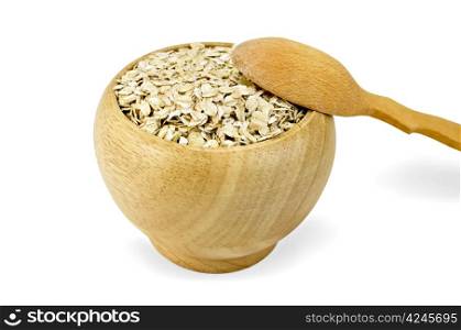 Oat flakes in a wooden bowl, wooden spoon isolated on white background