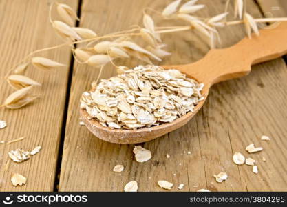 Oat flakes in wooden spoon, stalks of oats on the background of wooden boards