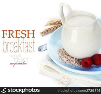 Oat flakes, milk and berries over white (with sample text)