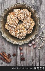 oatmeal cookies on copper dish of homemade bakery