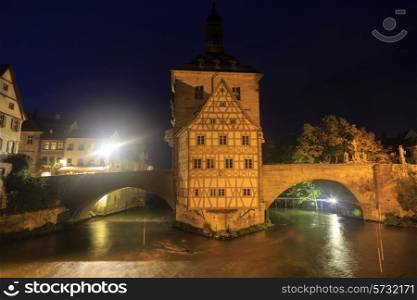Obere bridge (brucke) and Altes Rathaus at night in Bamberg, Germany&#xA;