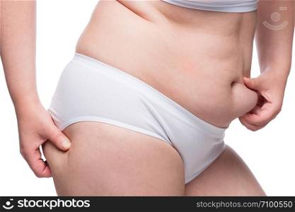 obesity concept - overweight on the buttocks and abdomen, stomach close up isolated