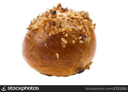 object on white - bun with nuts close up