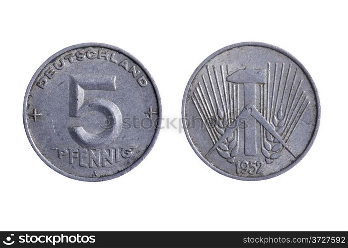 object on white - Deutschland pfenning coins close up