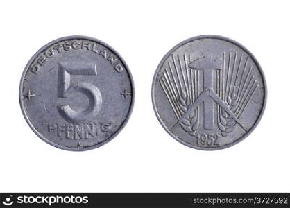 object on white - Deutschland pfenning coins close up