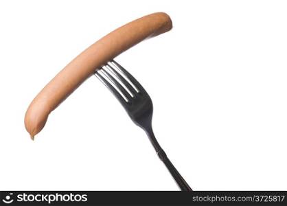 object on white - food frankfurter on fork