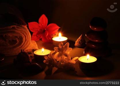 objects for relaxation and spa romantic illuminated only by candlelight