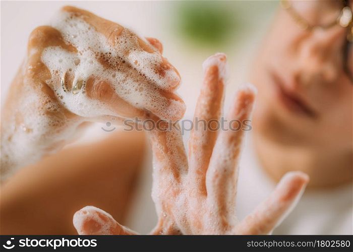 Obsessive compulsive disorder concept. Woman Obsessively Washing her Hands.