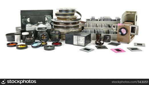 Obsolete equipment for photo and video shooting and slide show isolated on white background