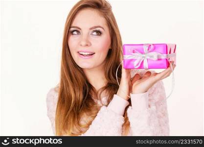 Occasions gifts people concept. Christmas xmas winter season. Lovely woman with pink rose box gift. Lovely woman with pink rose box gift