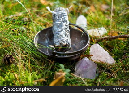 occult science and supernatural concept - close up of white sage in cup and crystals for magic ritual in forest. white sage in cup and magical crystals in forest