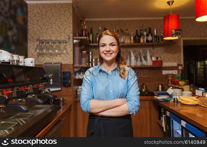 occupation, profession, job, small business and people concept - happy barista woman at coffee shop