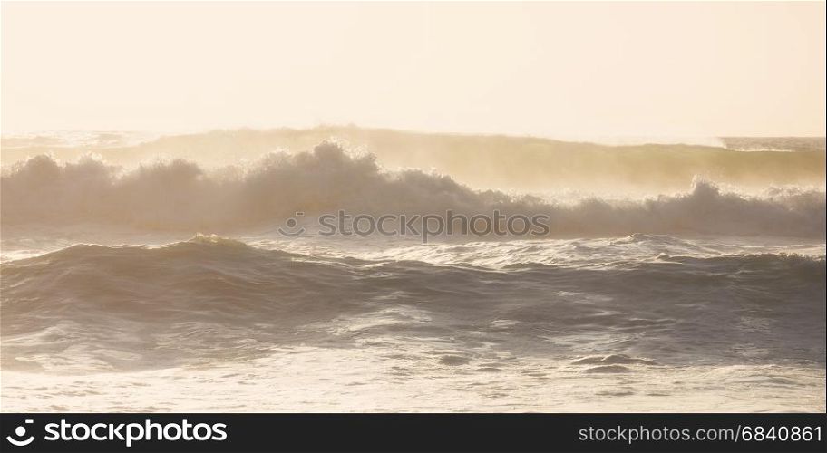 Ocean big waves. Sunset summer seascape