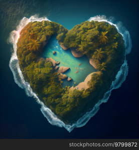 Ocean birds eye view little tropical island heart shape. Illustration AI Generative 