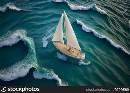 Ocean birds eye view small sailboat floats. Illustration AI Generative 