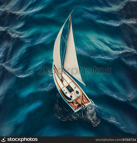 Ocean birds eye view small sailboat floats. Illustration AI Generative 