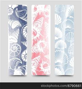 Ocean bookmarks collection with sea shells. Ocean bookmarks template collection with sea shells and watercolor vector