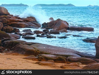 Ocean coast spring view (between Perros-Guirec and Pleumeur-Bodou, Brittany, France). The Pink Granite Coast.