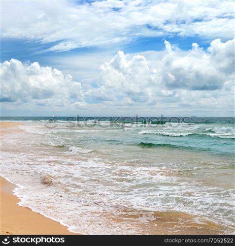 Ocean landscape. Blue sky and yellow sand on the beach.