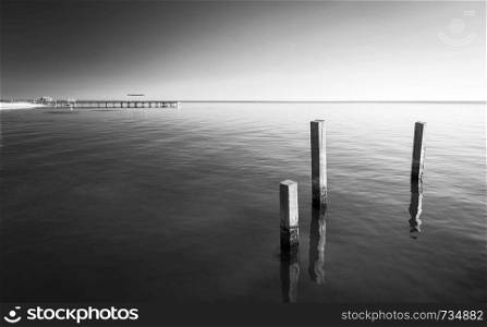 Ocean landscape with minimalism design of wooden pylons in stunning black and white