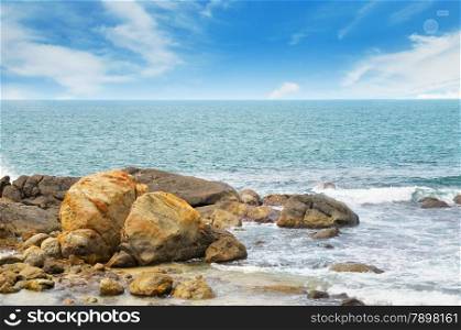 ocean, picturesque beach and blue sky