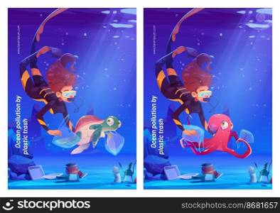 Ocean pollution with plastic trash cartoon posters. Diver girl help underwater animals living in polluted water. Wastes floating in sea. Save our planet ecology protection concept, vector illustration. Ocean pollution with plastic trash cartoon posters