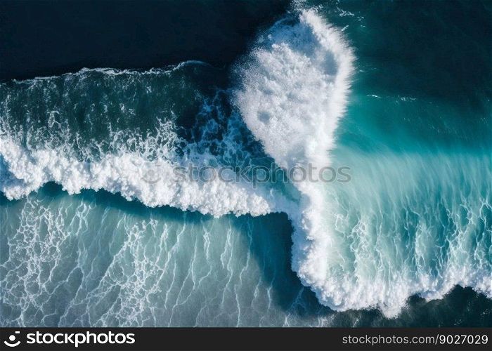 Ocean sea water top view with white wave splashing. Generative AI. High quality illustration. Ocean sea water top view with white wave splashing. Generative AI