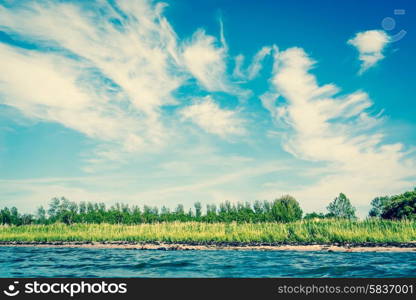 Ocean shore in Scandinavia with blue sky in the summer