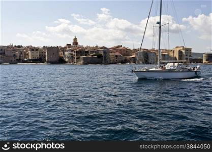 Ocean view of the old village of St. Tropez in the French Riviera