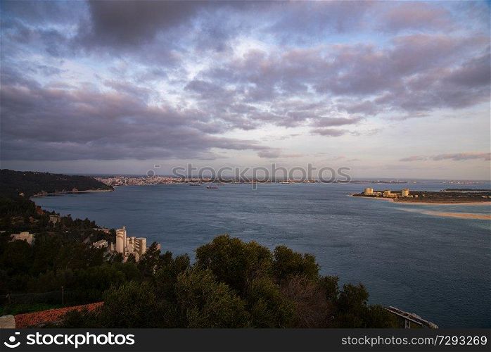 ocean view with Troia and Setubal city in Portinho da Arrabida  in Setubal Portugal 