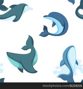 Ocean water and dolphin animals seamless pattern vector. Wildlife of fish friendly to people, creature with splashing water. Cetacean with tail fin and drops, dolphinarium tropical unique place. Ocean water and dolphin animals seamless pattern vector.