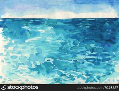 Ocean watercolor hand painting illustration.. Ocean landscape. Beautiful watercolor hand painting illustration