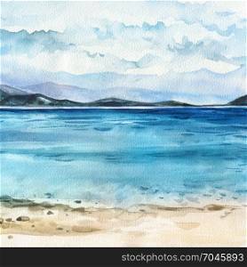 Ocean watercolor hand painting illustration.. Ocean landscape, Sea side, Beach. Beautiful watercolor hand painting illustration.