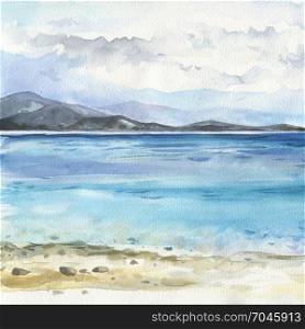 Ocean watercolor hand painting illustration.. Ocean landscape, Sea side, Beach. Beautiful watercolor hand painting illustration