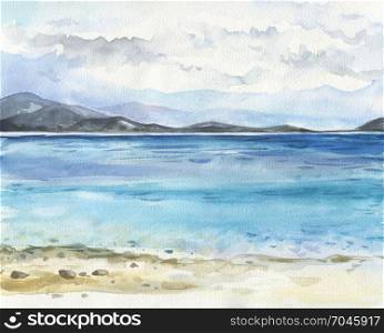 Ocean watercolor hand painting illustration.. Ocean landscape, Sea side, Beach. Beautiful watercolor hand painting illustration