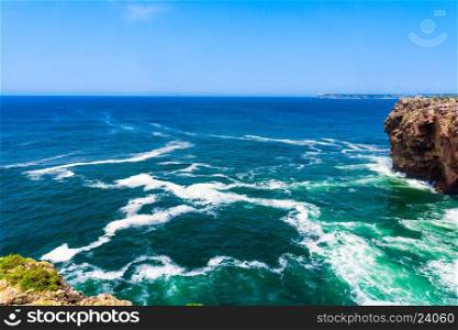 Ocean wave background. Cliff coastline in Sagres, Algarve, Portugal