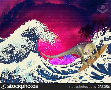 Ocean waves, palm trees, neon mountain and surfing 3d Tyrannosaurus rex retro style illustration.