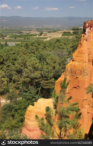 Ochre colored rocks in Roussillon in the South of France