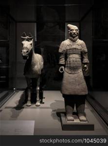 OCT 24, 2019 Bangkok, Thailand - Horse and soldier figures from Qin Shi Huang tomb mausoleum Terracotta Army museum in Xian, China was exhibited in Bangkok at National museum