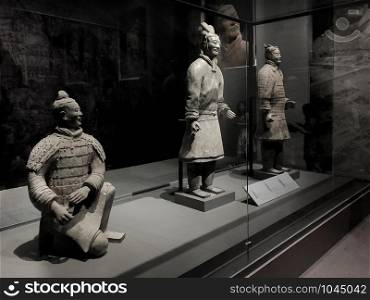 OCT 24, 2019 Bangkok, Thailand - Soldier and warrior figures from Qin Shi Huang tomb mausoleum Terracotta Army museum in Xian, China was exhibited in Bangkok at National museum